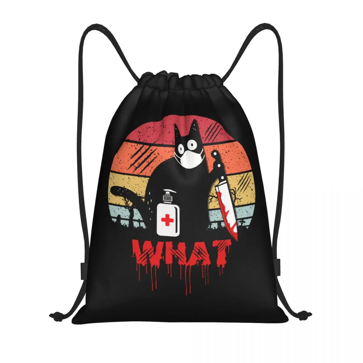 Black Cat What-mochila con cordón para hombre y mujer, bolsa de gimnasio deportiva para Halloween, Gato asesino divertido con cuchillo, paquete de compras