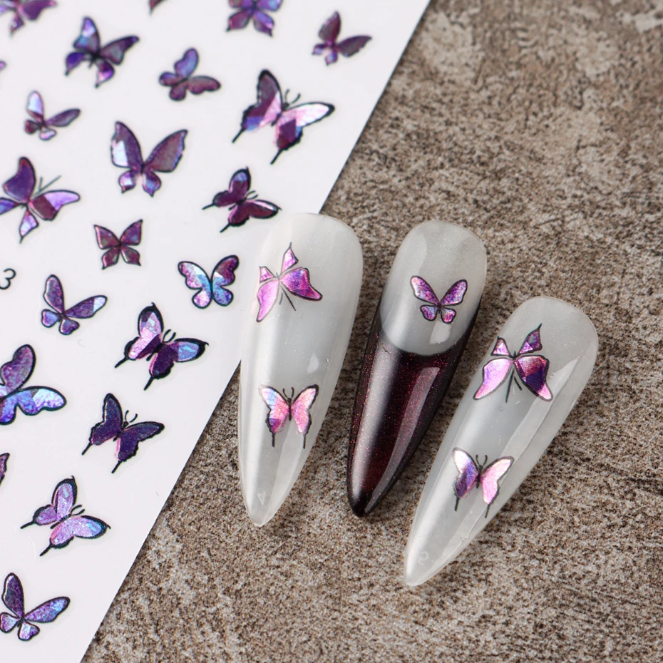 2 stuks 3D zelfklevende holografische laser glitter vlinder nagelstickers paarse vlinder ontwerp nagelstickers voor doe-het-zelf manicure