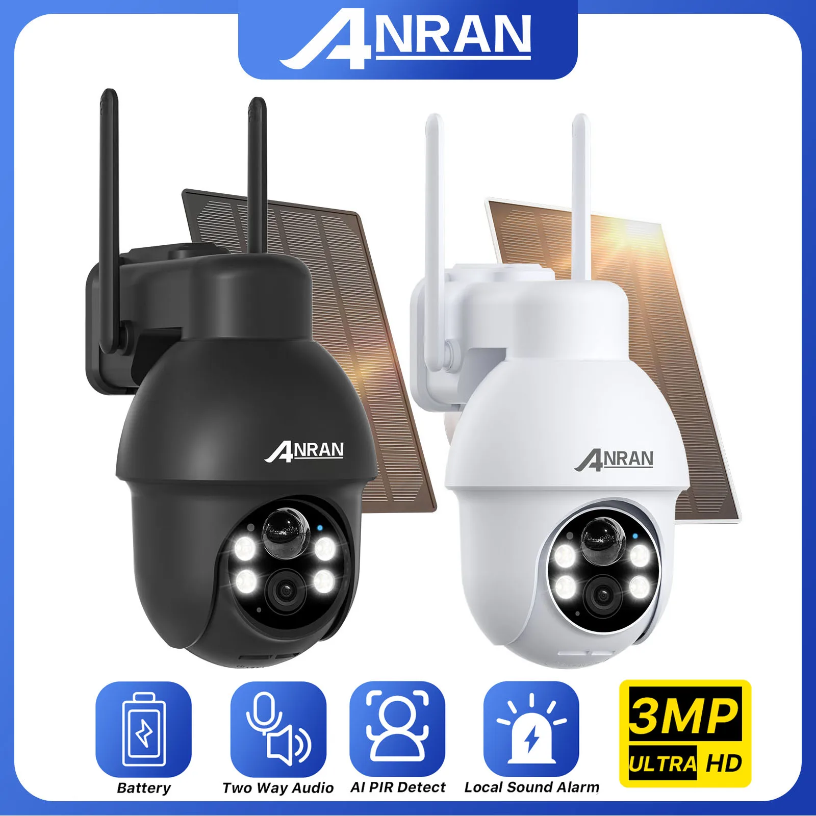 ANRAN 2K Solar Battery Camera Surveillance Protection camara vigilancia wifi PIR Humanoid Detect Two-way Audio WiFi Camera 1PC