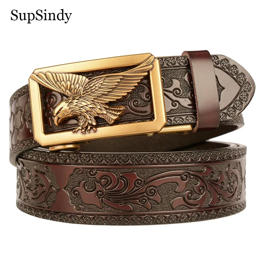 SupSindy Men Genuine Leather Belt Luxury USA Eagle Metal Automatic Buckle Cowhide Belts for Men Jeans Waistband Male Strap Black