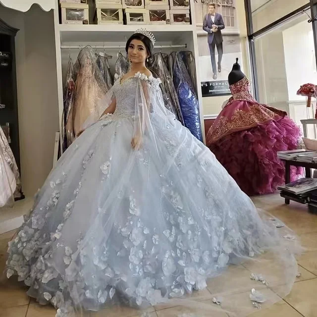 

ANGELSBRIDEP Blue Tulle Ball Gown 15 Year Old Quinceanera Dresses Lace Sequins Beads Princess Sweet 16 Gown Vestidos De 15 Años