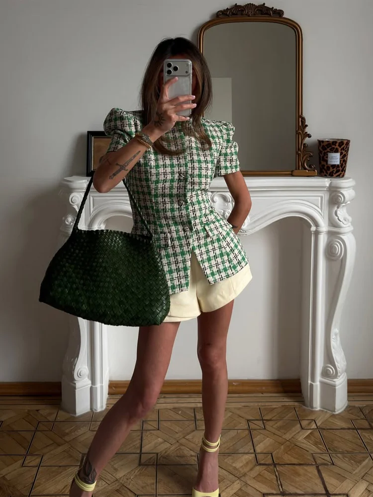 Women Green Round Neck Short Sleeve Two-Piece Set Elegant Plaid Tweed Peplum Blazer and Skirt 2026 Daily Street Fashion Wear