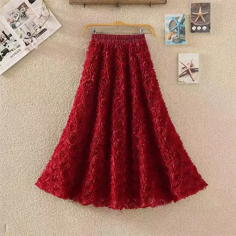 여성용 메쉬 스커트 하이웨이스트 A라인 롱 스커트 3D 장미 꽃 자수 거즈 스커트 봄 가을 웨딩 파티 비치용 w18