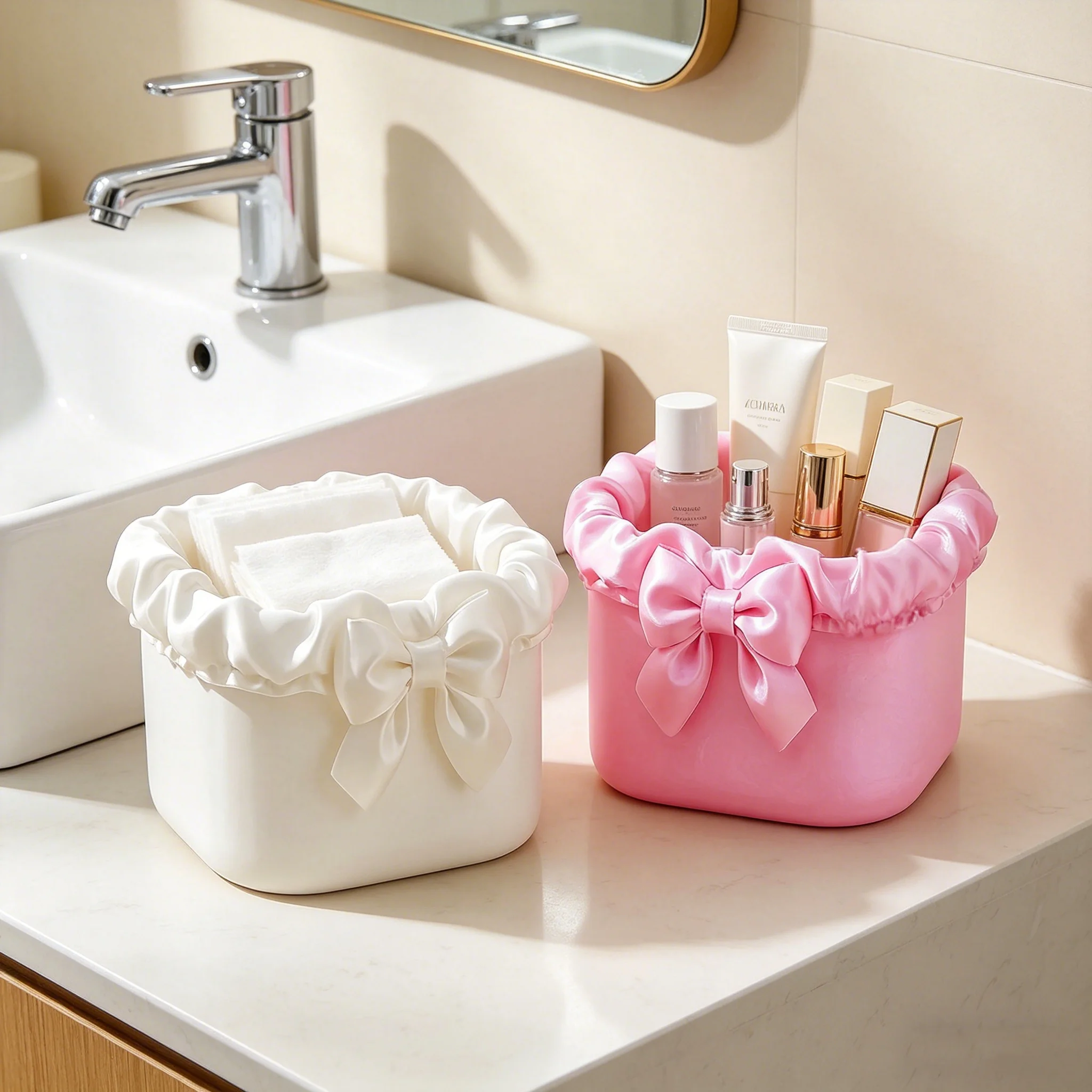 Bowknot Satin Desk Organizer, Cute Ruffled Storage Basket for Makeup Brushes, Stationery, Vanity Decor & Small Accessories