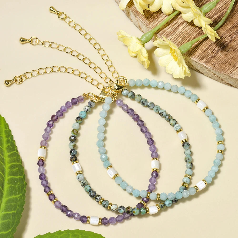 Bohemian Design 3mm Natural Stone Amethyst Faceted Round Beads and Shell Beads Bracelet for Women Holiday and Daily Wear