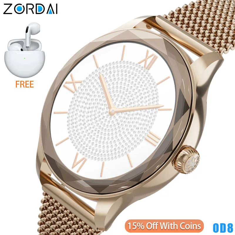 Zordai od8 diamante smartwatch feminino senhora relógio inteligente para iphone samsung xiaomi amoled gps ip68 freqüência cardíaca bluetooth chamada