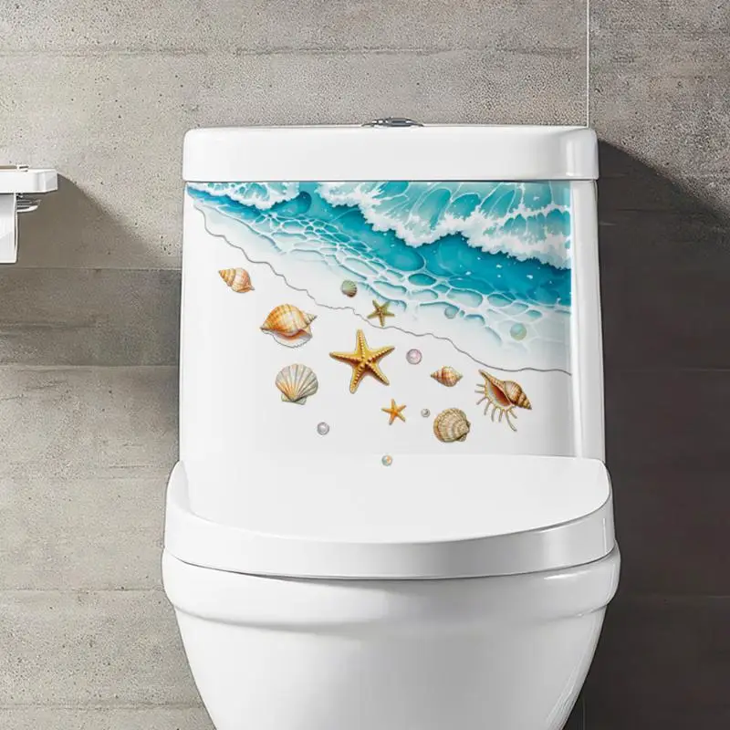 Ocean Themed Toilet Sticker Waterproof Self Adhesive Seashell Starfish Wave Design For Bathroom Home Decor