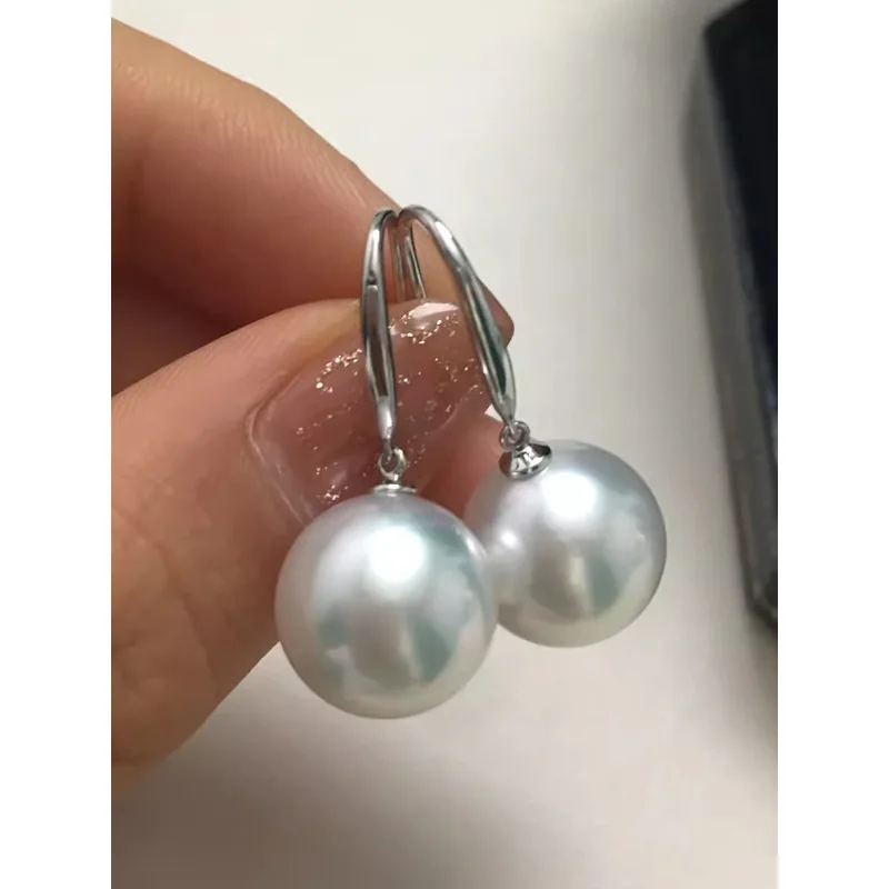 Gorgeous Huge AAAAA 11-12mm Nanhai White Round Pearl Earrings Light Luxury Delicate Women's Earrings Pendant 14K White Gold -