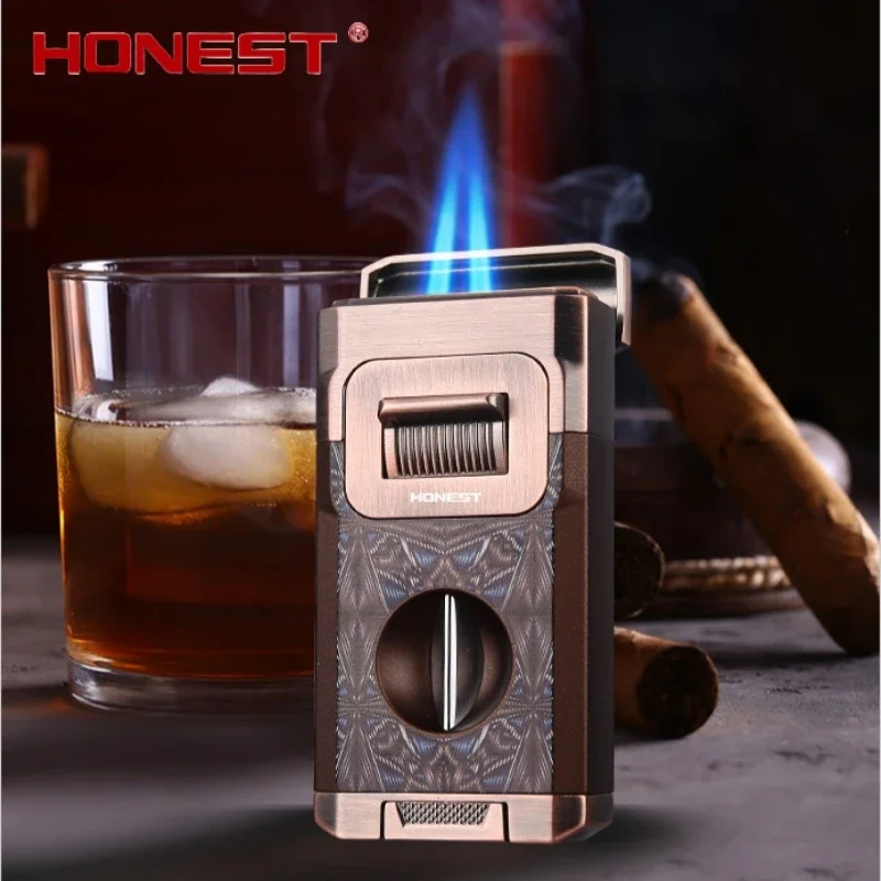 

HONEST Windproof Cigar Lighter Strong Double Blue Flame Inflatable Visible Gas Window V-shaped Cigar Knife Lighter Men's Gift