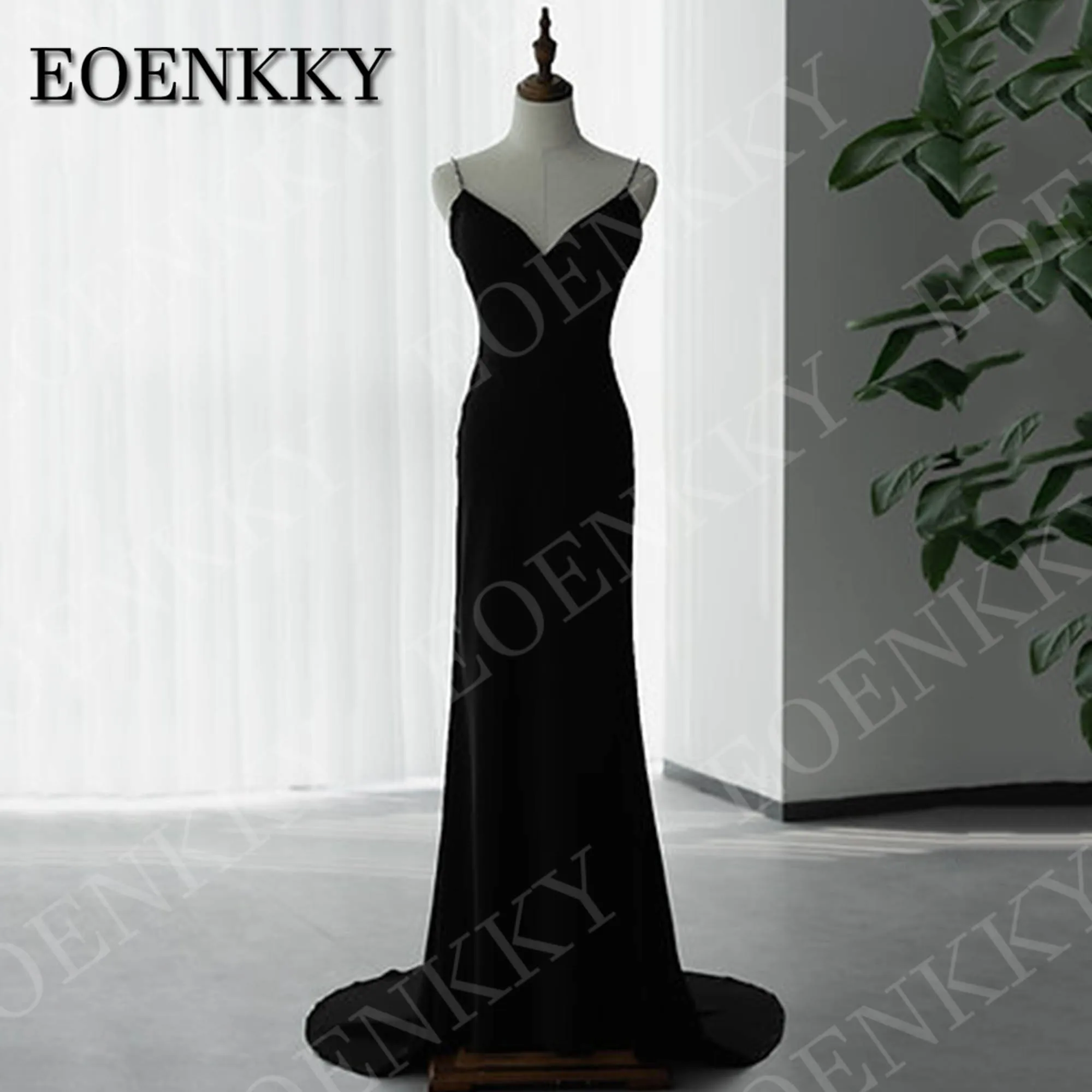 

EOENKKY Black Mermaid Evening Dress Sleeveless Backless Spaghetti Straps V Neck Satin Formal Party Dresses Simple Customized