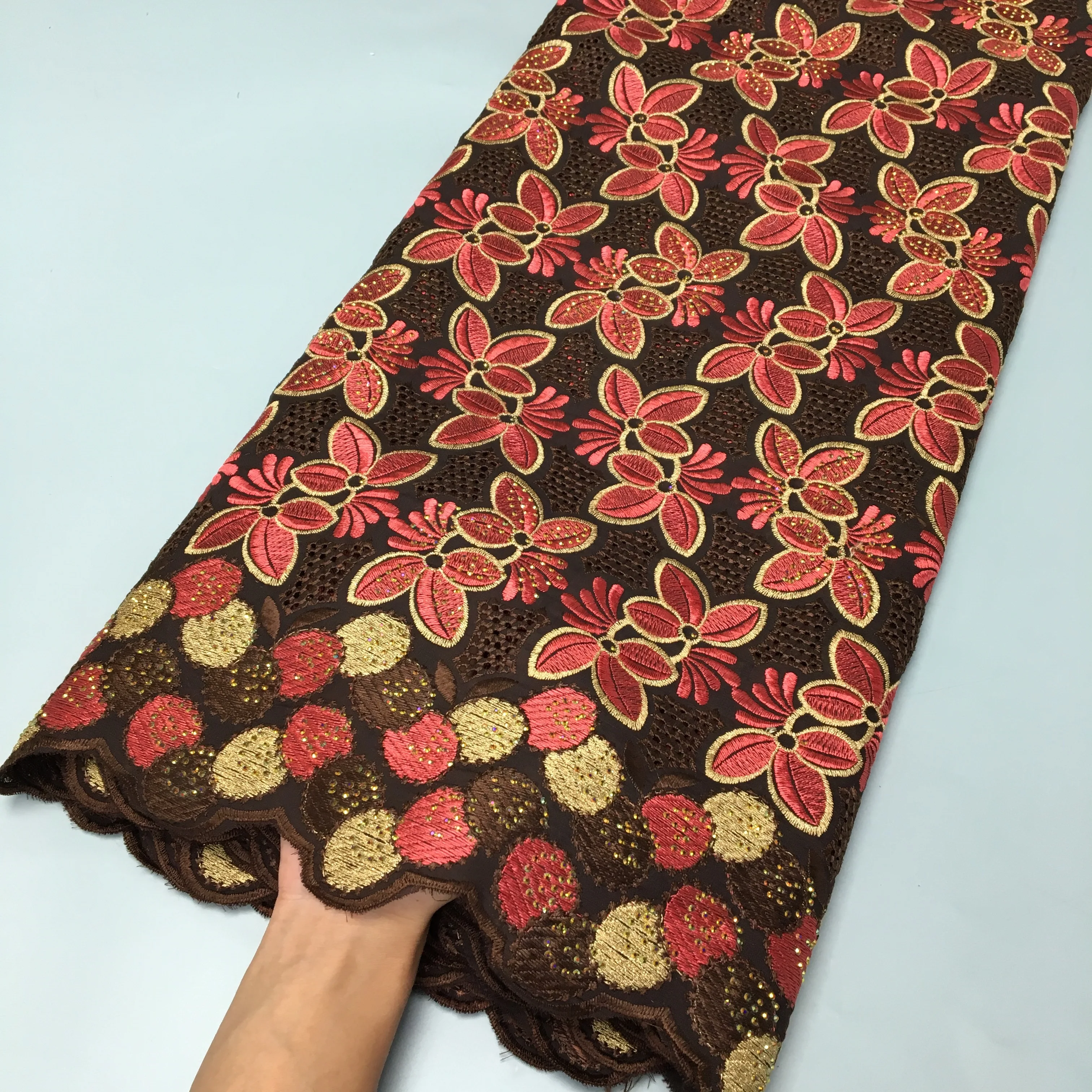 

African Embroidery Cotton Lace Fabric 2024 High Quality Embroidery Swiss Voile Lace Fabric With Stones For Party Dresses F3913