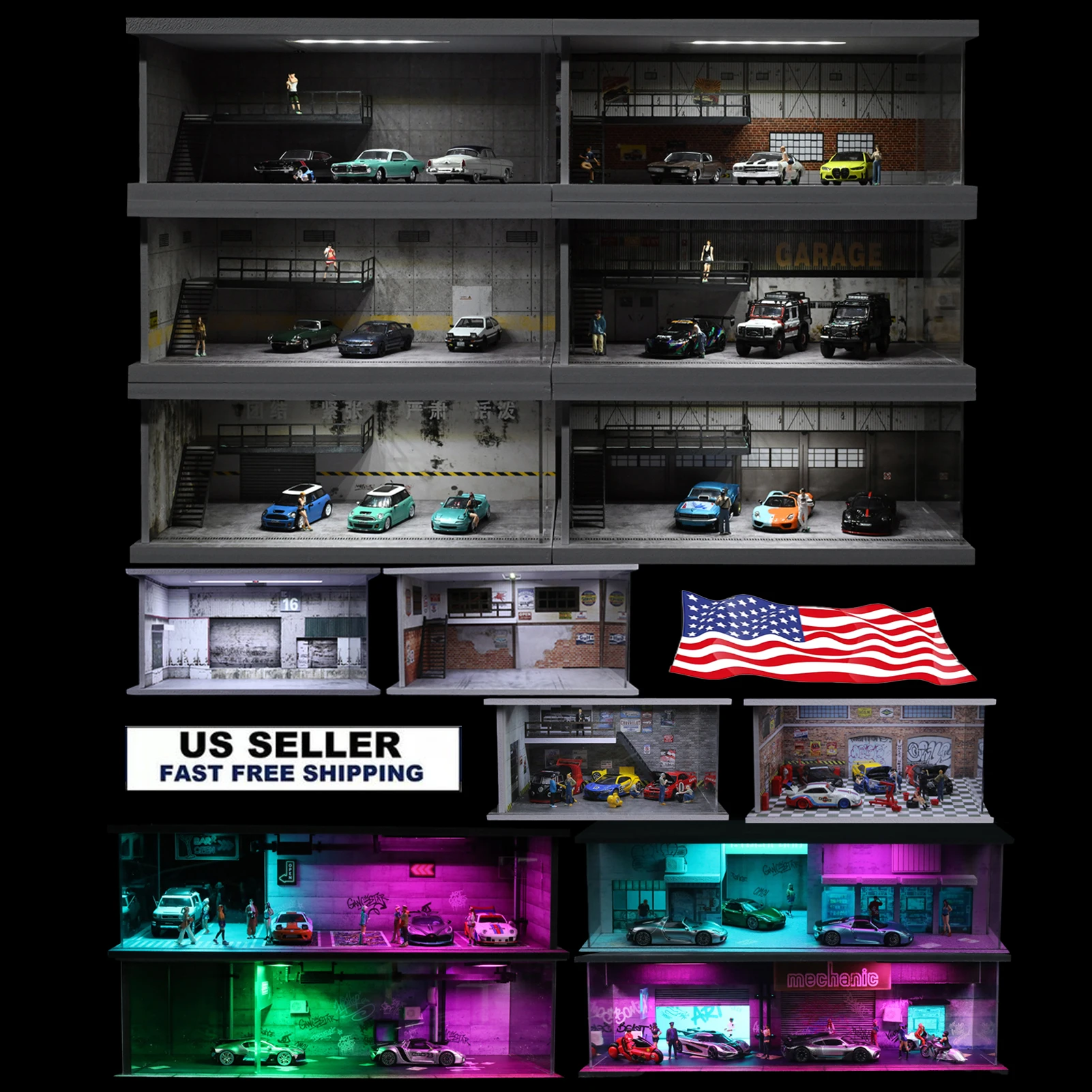 1/64 Diorama Car Parking Lot Model LED Light Underground Double-layer Car Garage Scene Model Display