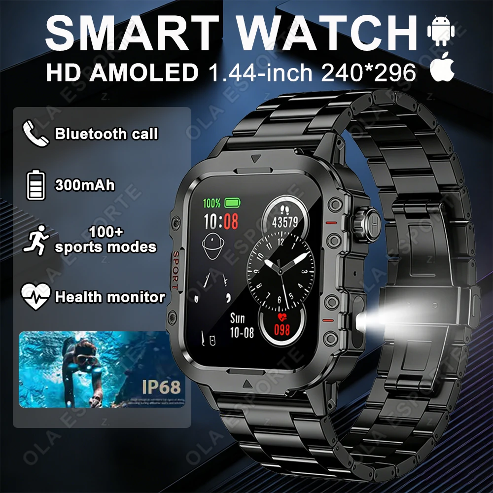 

Новые военные смарт-часы 2026 года для мужчин, водонепроницаемые (3ATM), с AMOLED HD-экраном 1,44 дюйма, спортивный трекер, HD Bluetooth-вызовы, браслет для мужчин