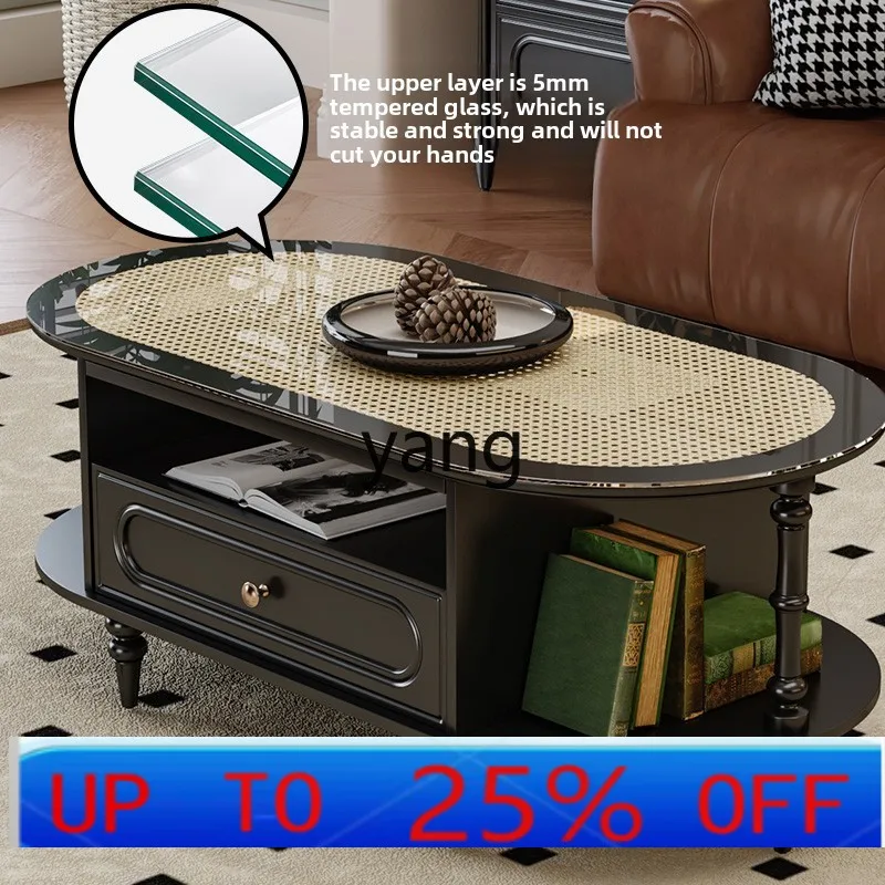 

LH retro coffee table living room household small apartment rattan tea table multi-functional round tea table