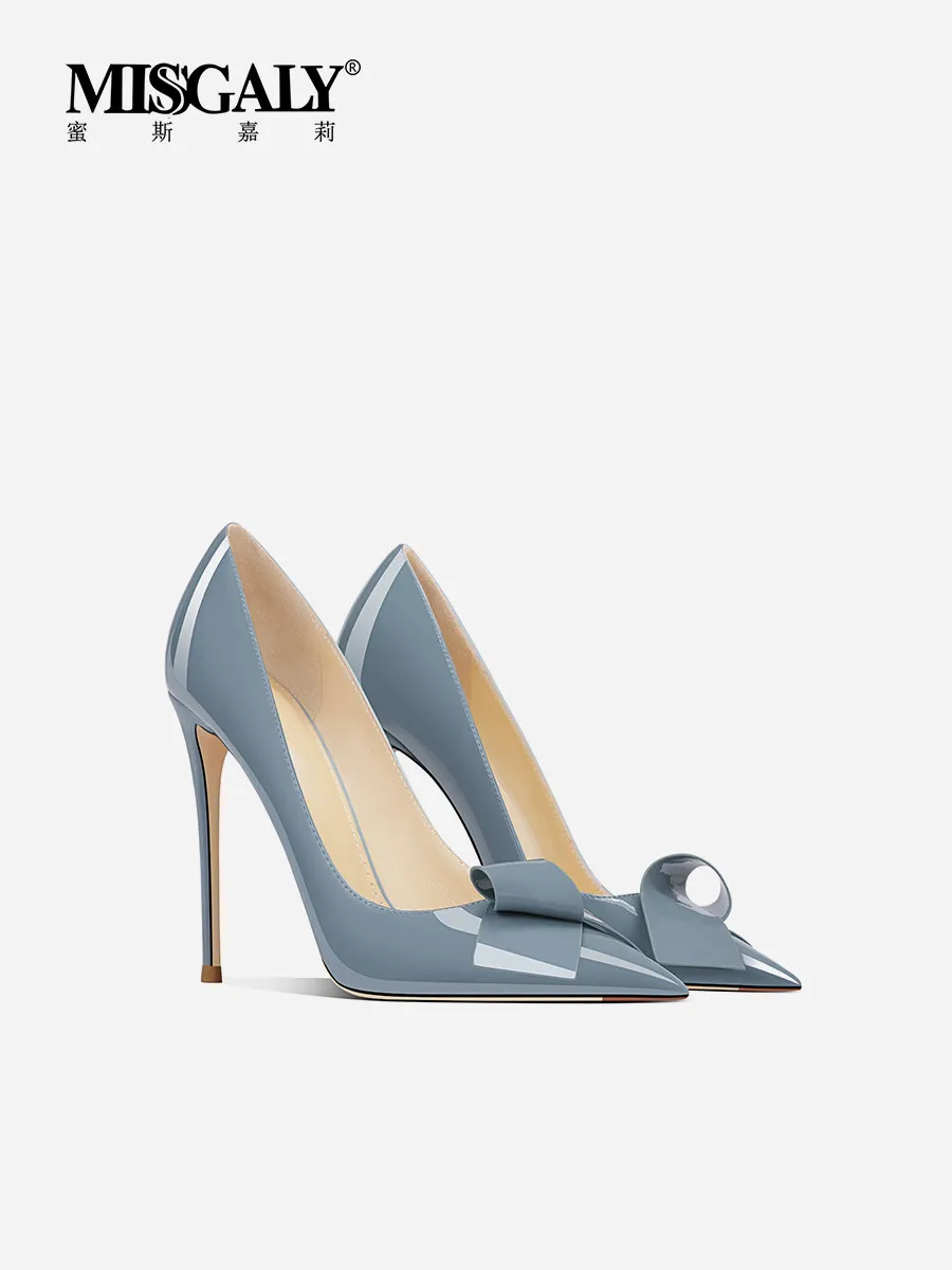 Women's 2026 New French Sweet Patent Leather Pumps, Blue Bow Pointed Toe Comfort Stiletto Heels Wedding Party Daily Dating Shoes