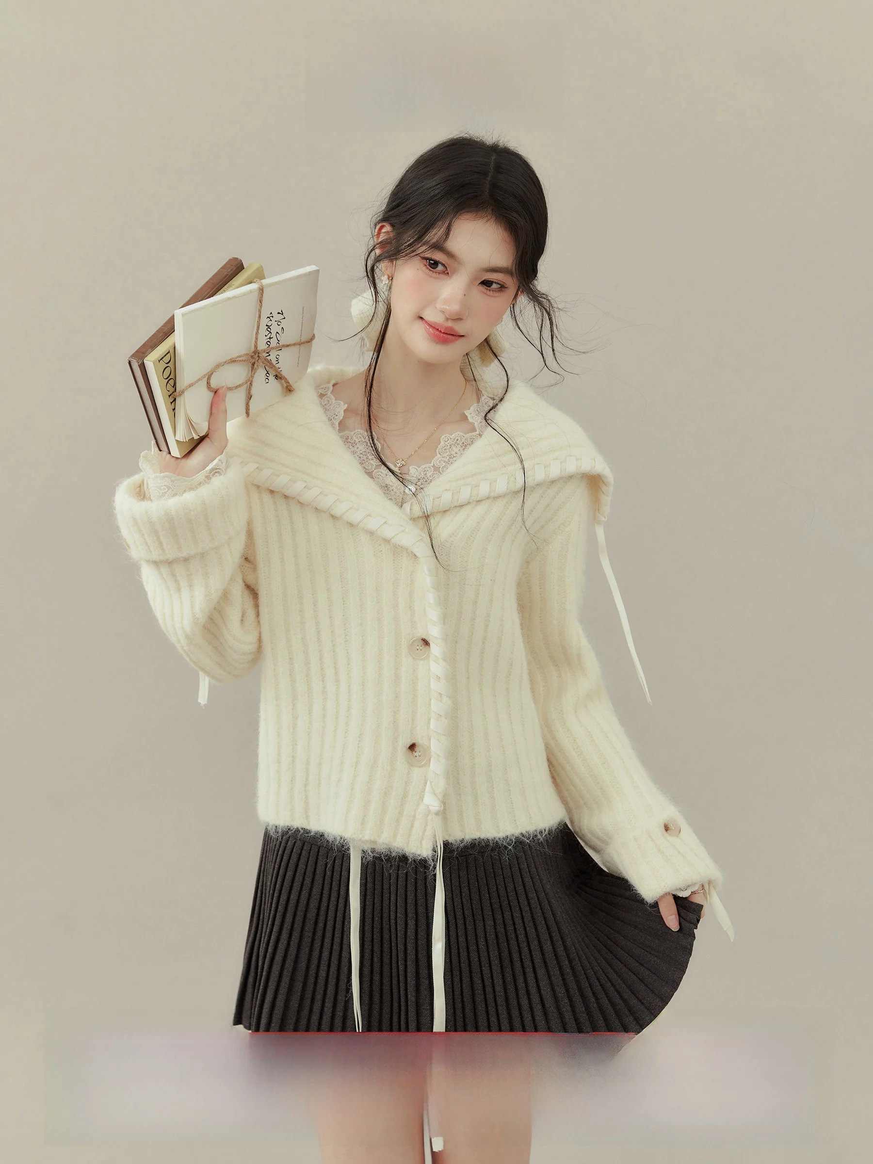 

Soft Cozy Knit Cardigan Sweater with Large Collar Autumn Winter Women's Casual Sle Faion Outerwear in Soft Beige