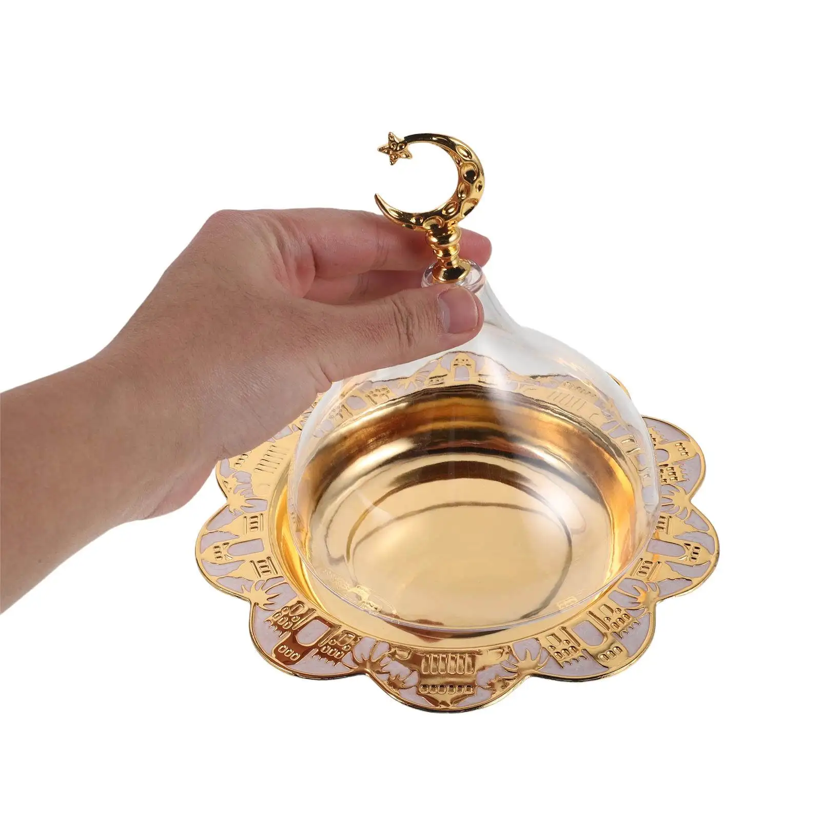 Ramadan Moon Star Dessert Display Stand Iron Cake Tray with Transparent Acrylic Dome Lid for Eid Mubarak Parties Islamic Decor