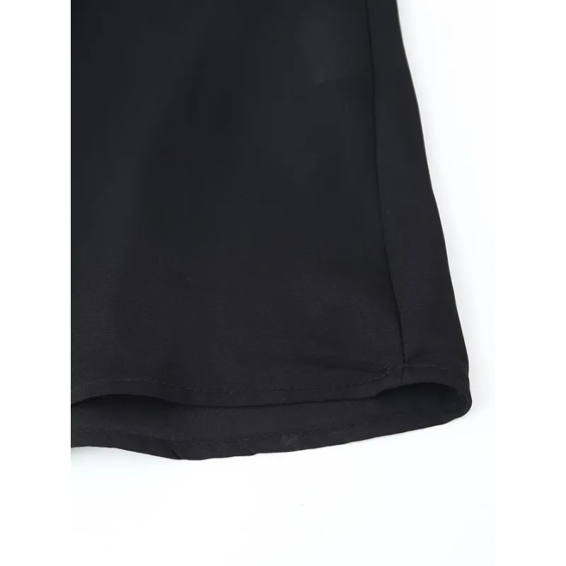 فستان حريري أسود سهل الارتداء - قميص نوم مزين بالدانتيل ورقبة على شكل حرف V وحزام سباغيتي مستوحى من أناقة S/S