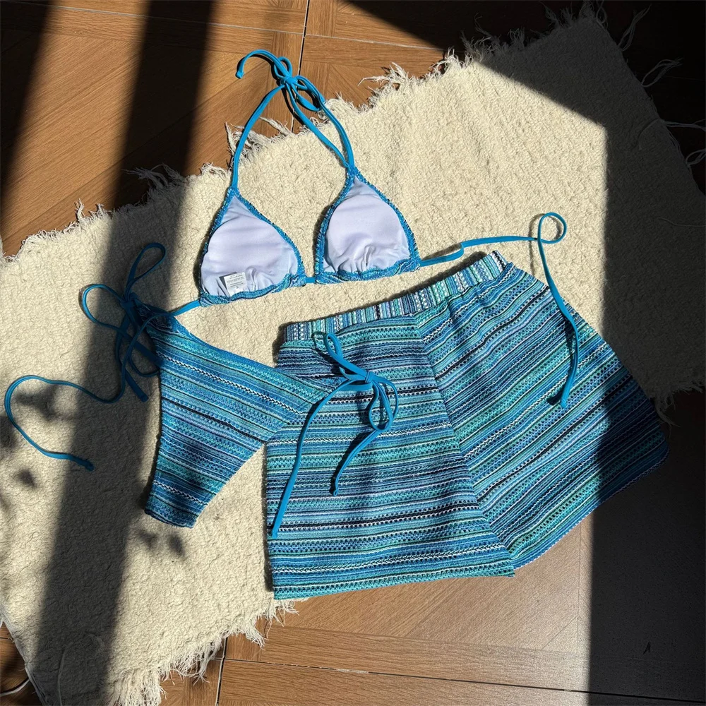 Pantaloncini bikini a righe vintage Set costume da bagno senza schienale Costumi da bagno micro stringhe Push Up Y2K Set bikini Costume da bagno beachwear da donna