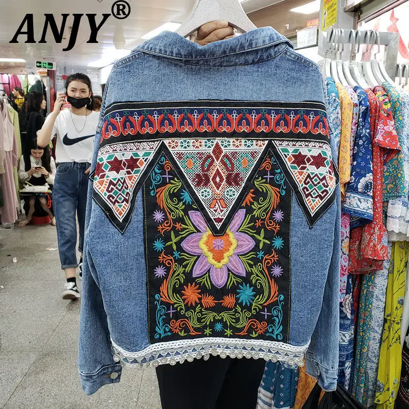 ANJY 2026 Spring Autumn New Women Fashion Heavy Industry Embroidery Beaded Loose Denim Jacket Trendy Travel Vacation Coat A18760