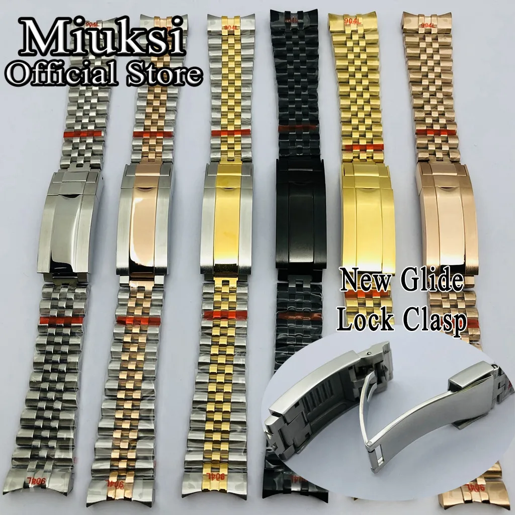 

Miuksi 20mm silver black gold bracelet slide glide lock clasp 904L stainless steel strap fit watch case watch band