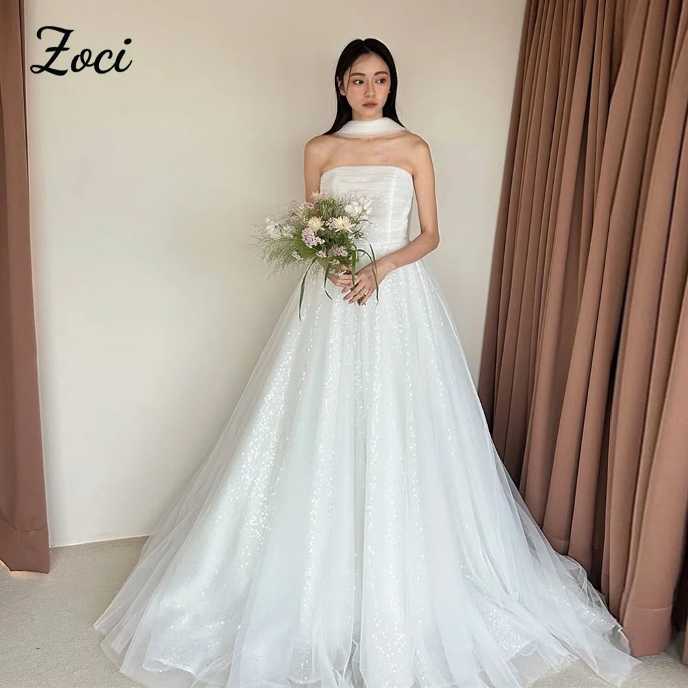 

Zoci Elegant A Line Customized Korea Wedding Dresses Sequined Shiny Long Train Bridal Gown Tulle Bride Wedding Photography Dress