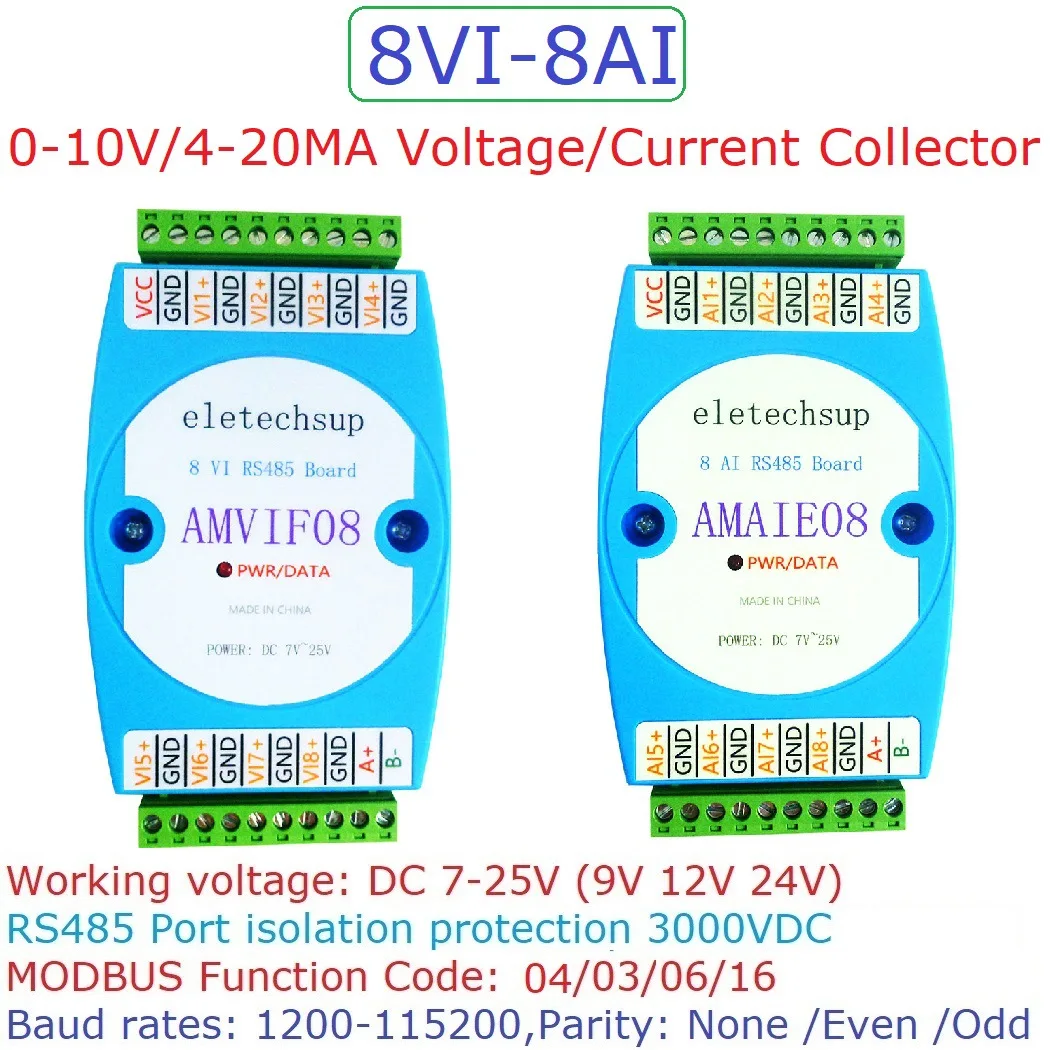 DC 12V-24V 8 Channel 8AI 8VI 4-20MA/0-10V to RS485 Current/Voltage ADC Collector Read Capture Module MODBUS RTU PLC Board