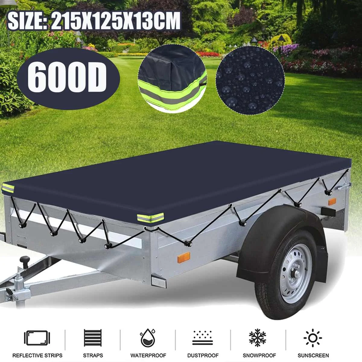 600D Camper Trailer Cover Waterproof Roof Shelter Canopy Sunshade Dust-proof Windproof Outdoor Protection 215x125x13cm Grey/Blue