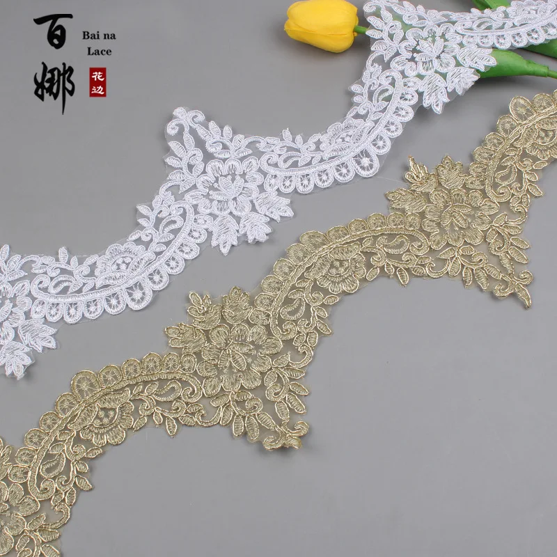 Delicate 1Yard 12cm wide Embroidery white Gold Fabric Flower Venise Venice Mesh Lace Trim Applique Sewing Craft for Wedding Dec.