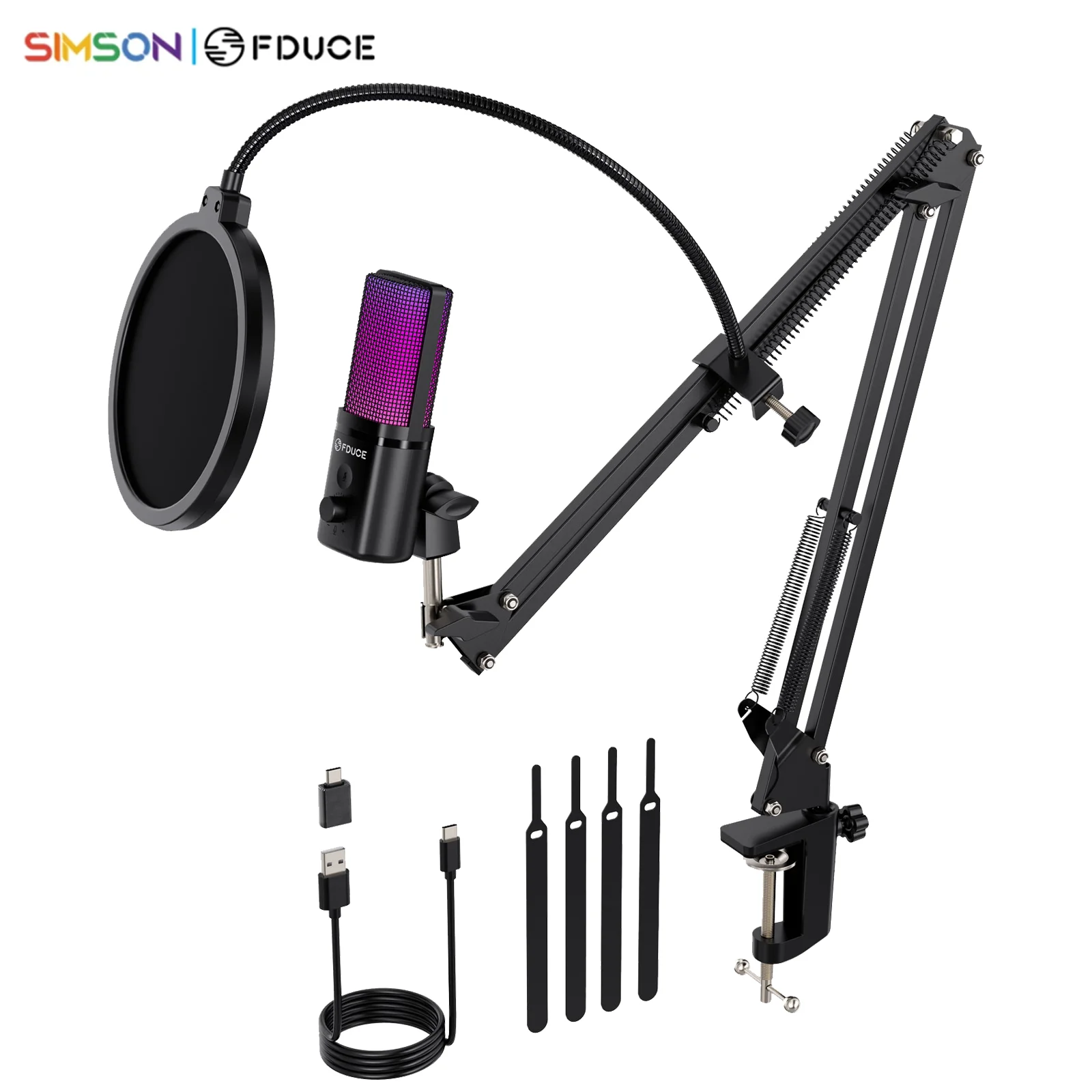 ميكروفون ألعاب USB FDUCE M160-RGB مع لون ديناميكي RGB، زر كتم الصوت الذي يعمل باللمس، حامل ذراع أو حامل ثلاثي القوائم للصدمات، للكمبيوتر الشخصي PS5/4