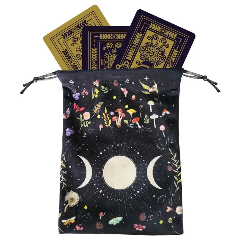 Tarot Card Pouch with Drawstrings Flannel Moon Phase Pattern Tarot Deck Storage Bag for Tarot Accessories Dice Runes Gems