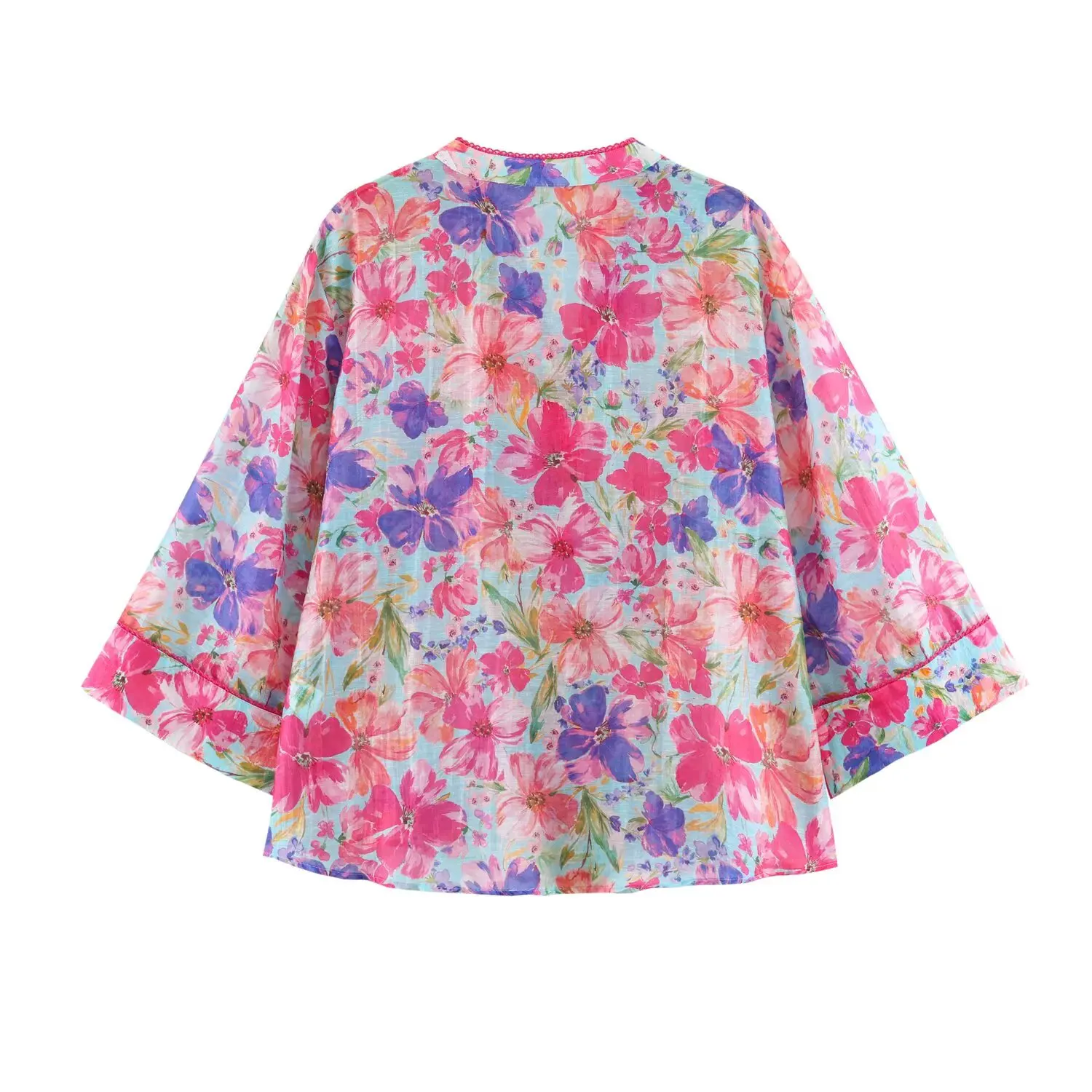 Summer Floral Print Beach Style Blouse for Women 3/4 Sleeve Breathable Versatile Office Casual Daily Outwear Blouse