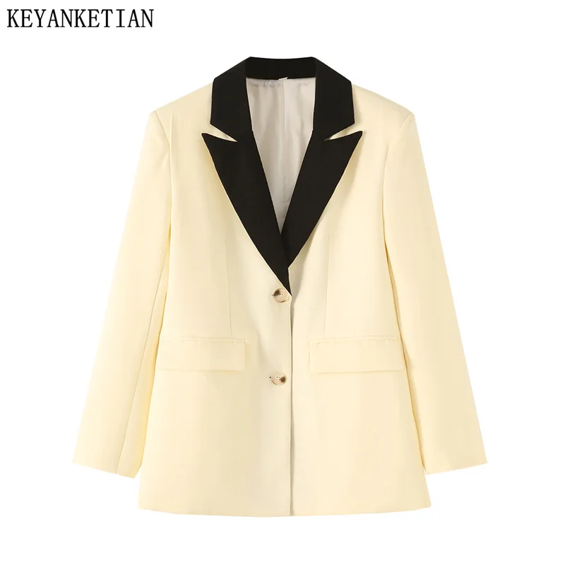 

KEYANKETIAN 2024 New Women's Collar Contrast Color Suit Coat Autumn Fashion Flap Pockets Single Breasted Office Lady Outerwear