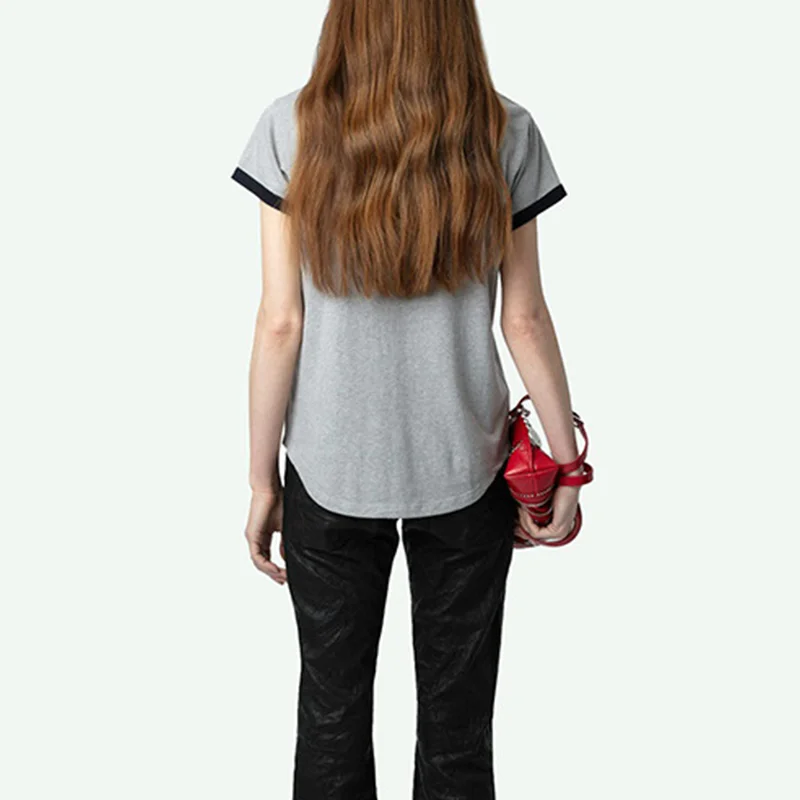 رمادي تي شيرت المرأة طاقم الرقبة القطن تيز سيدة عادية الشيطان دمية تي شيرت الإناث قصيرة الأكمام البلوز فضفاض الصيف الكتان المحملة #6