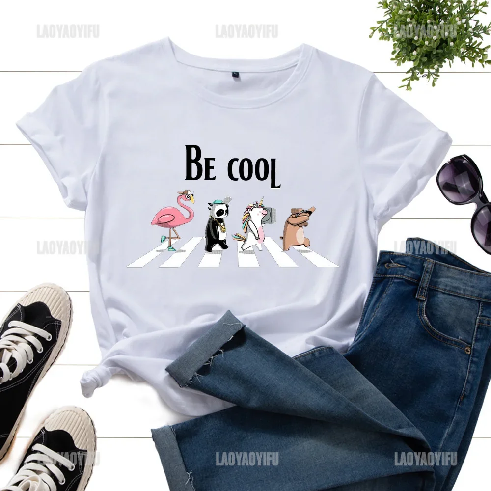 Kawaii Anime Shirt Cute Animals Tee Crosswalk Letter Graphic Tshirts Summer Women Casual Short Sleeve Tops Graphic T Shirts