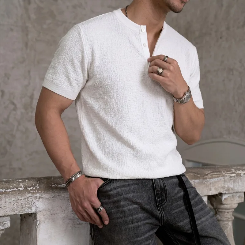 Summer Henry Collar Knitted Short Sleeved T-shirt Men Casual Business T-shirt Men's Thin Vintage American Retro T-shirts