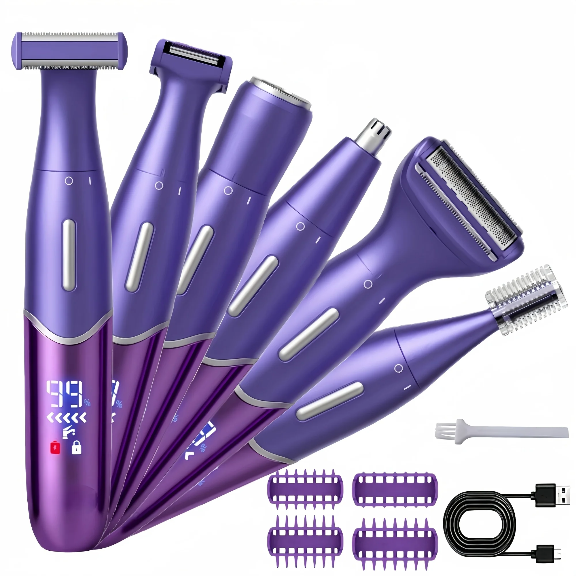 6 in 1 Electric Shaver Body Trimmer for Men Women USB Fast Charge Digital Display 60Min Hair Removal Rechargeable Grooming Kit
