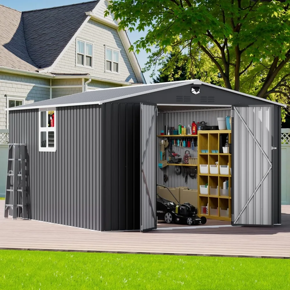 

10x12 FT Outdoor Storage Shed, Metal Garden Shed - Tool Storage Sheds with Lockable Doors & 1 Clear Window, Waterproof Outside S