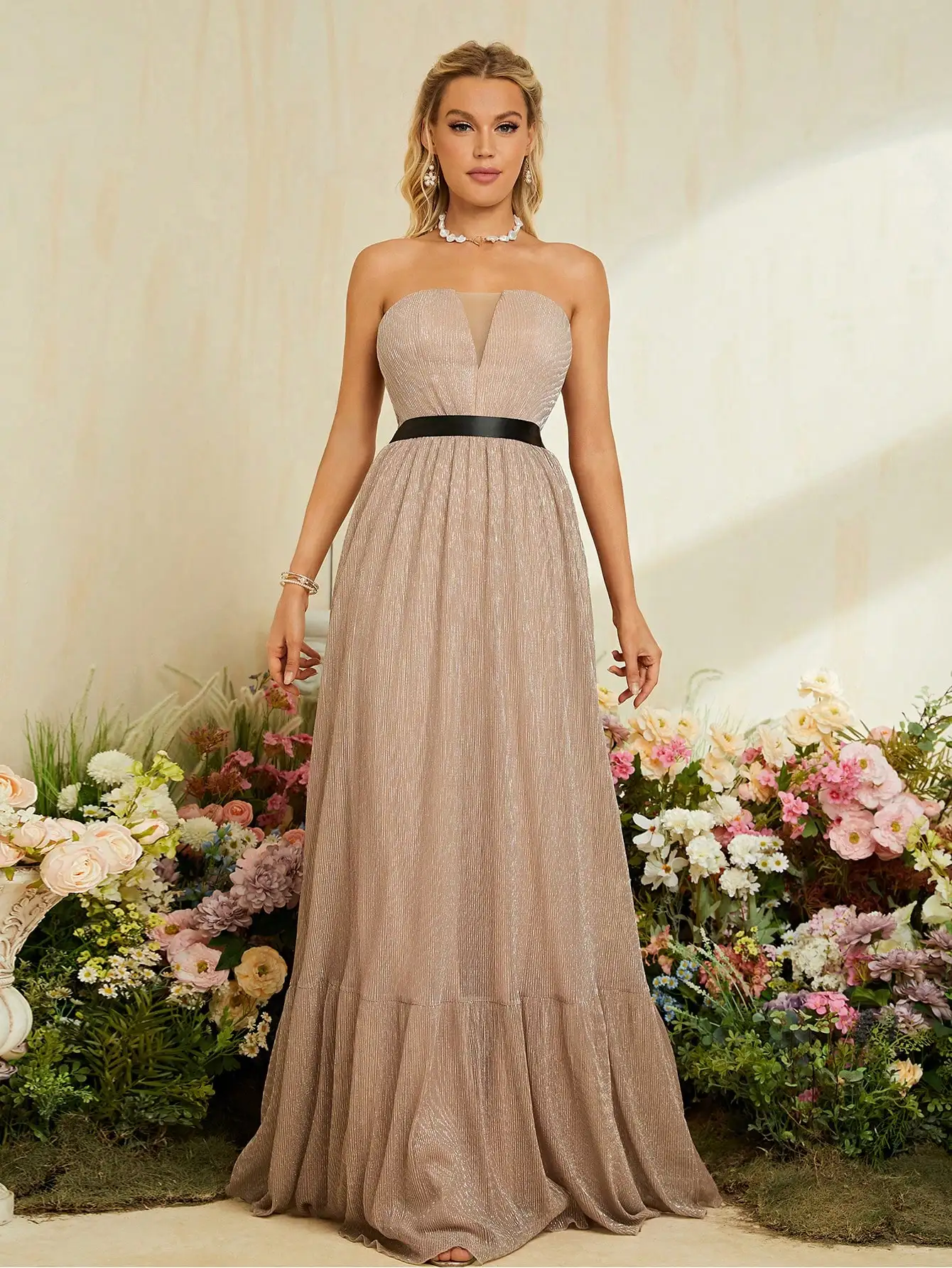 

Платье MGIACY с V-образным вырезом, бюстом, плиссированной лентой, блестящей зубочистой юбкой в сложенном виде