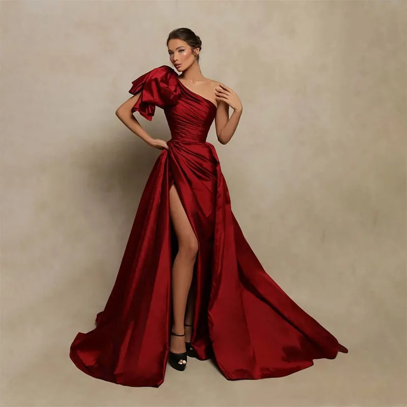 

Burgundy A-line Prom Gown Sexy Side High Split One Shoulder Sleeveless Evening Formal Floor-Length Party Dresses