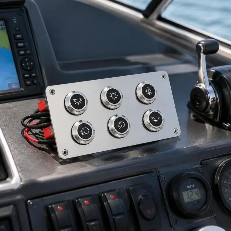 Stainless Steel 6-Button Panel for Marine and Vehicle Electrical Installations with Circuit Components, Labels, Terminals, X37F