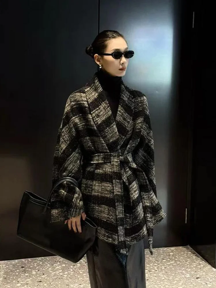 

Unique Vintage Bla White Plaid Woolen Suit Jaet Women's Loose Fit Mid-Length Coat Ele Spring Faion High nce