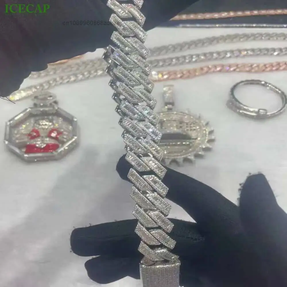 Luxury 20mm Hip Hop Fine Jewelry 925 Sterling Silver Vvs Moissanite Diamond Iced Out Cuban Link Chain Necklace for Men.