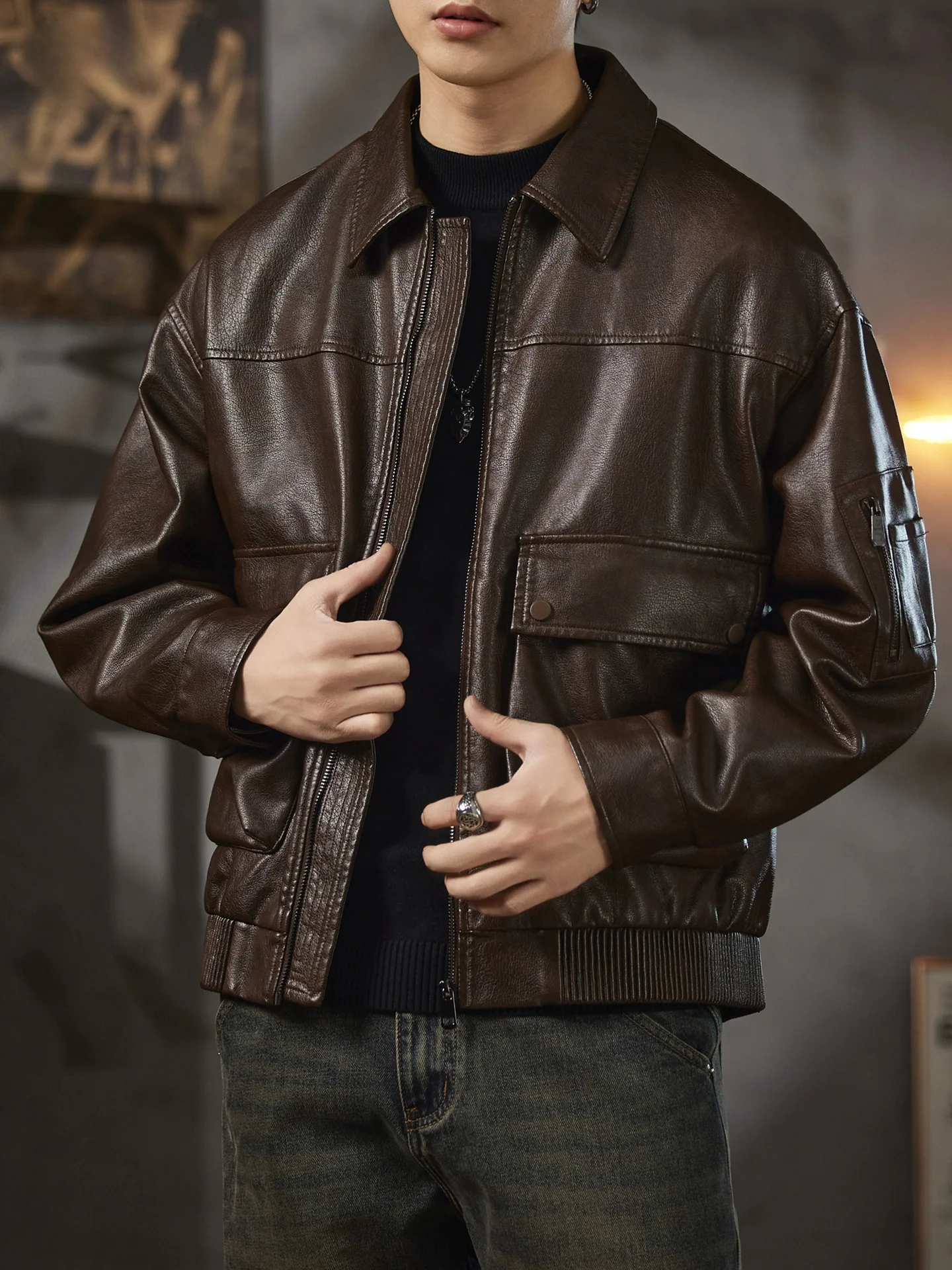 

S35 Мужская кожаная куртка для пилота, осенне-зимняя облегающая рабочая одежда, длинное теплое повседневное пальто на молнии с застежкой-молнией