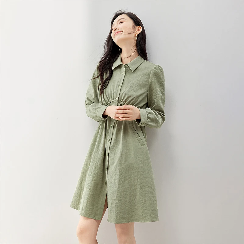 Toyouth Women Dress 2023 Autumn Long Sleeve Polo Neck A-shaped Drawstring Elastic Waist Single Breasted Casual Green Skirt