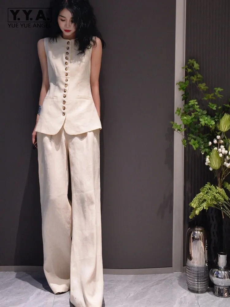 

2025 Top Quality Summer Hot Fashion Female Linen Sets Sleeveless Elegant Work Lady Full Length Outfits Slim Fit Two-Piece Set