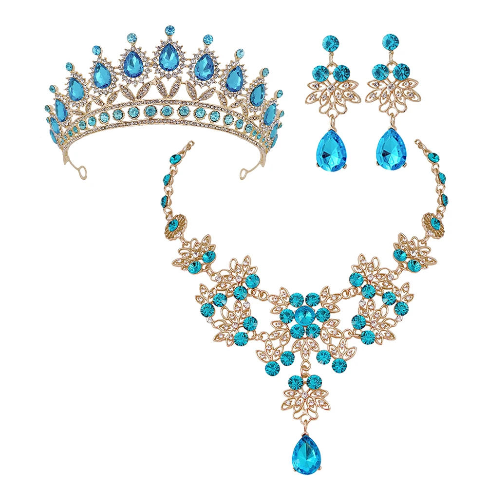 

Wedding Crown Necklace Earrings Set Rhinestone Durable Zinc Alloy Bride Jewelry for Carnival Party Dance Prom Crown Necklace