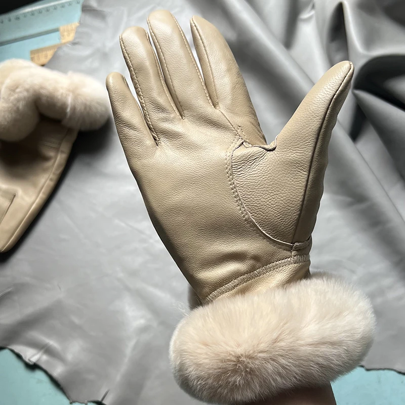 Autumn winter women's genuine leather gloves 100% real rex rabbit fur genuine sheepskin mittens black red blue pink