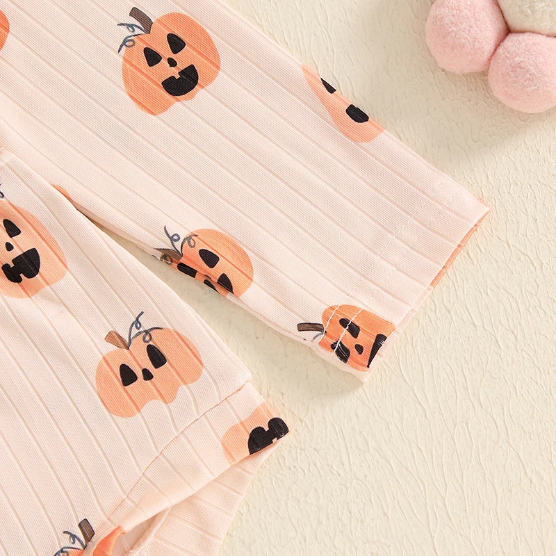 VISgogo 0-18 Months Baby Girl Halloween Outfit Pumpkin Print Ruffle Long Sleeve Romper Tie Headband 2 Piece Set for Fall