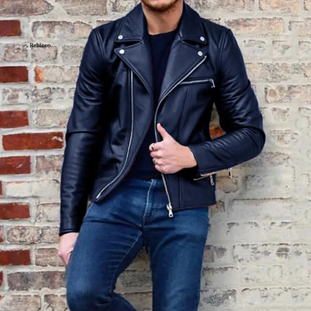 

New Jacket Fashion Autumn Winter Men Leather Long Sleeve Lapel Clothing Casual Loose Male Fit Motorcycle Jacket Coat With Zipper